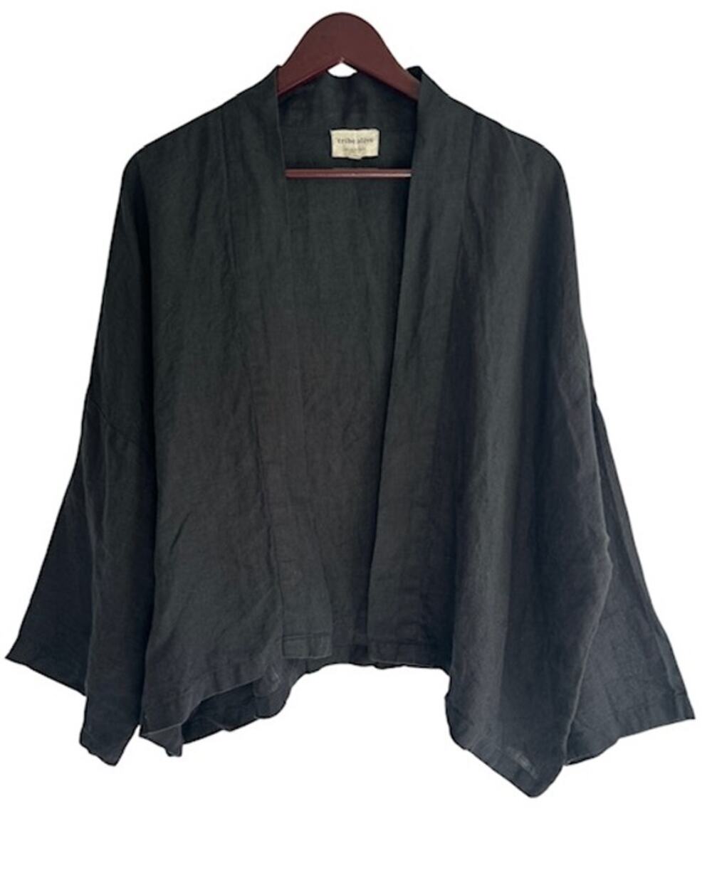 Tribe Alive One Size Black Organic Linen Lagenlook Open Kimono Jacket